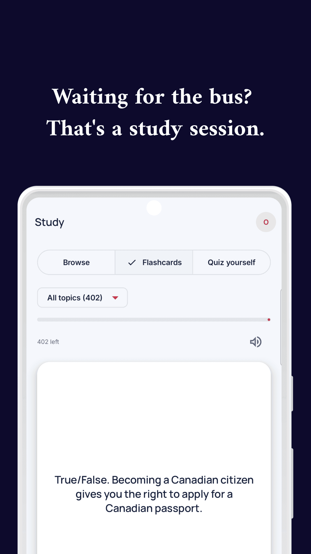 Tap-to-answer flashcards by topic in the OathReady Android app