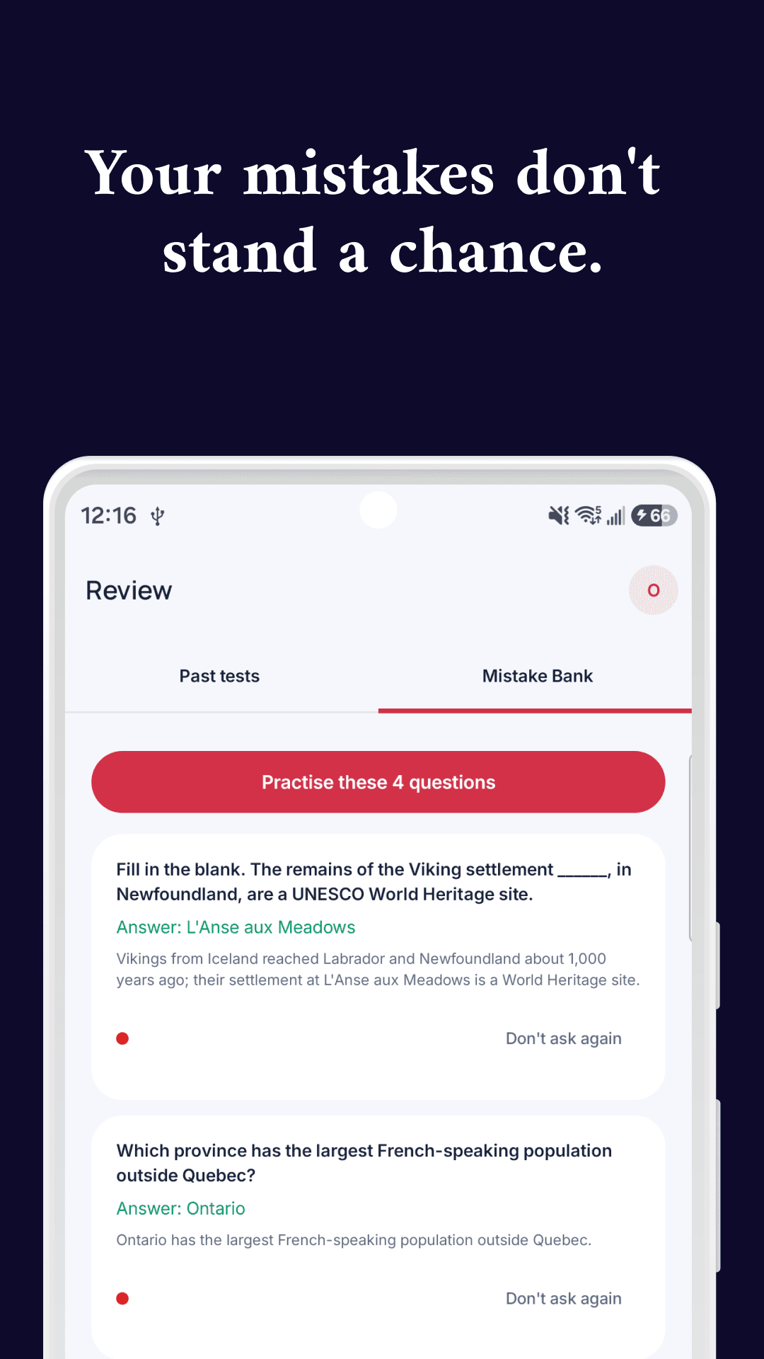 The Mistake Bank in the OathReady Android app collecting missed questions for review