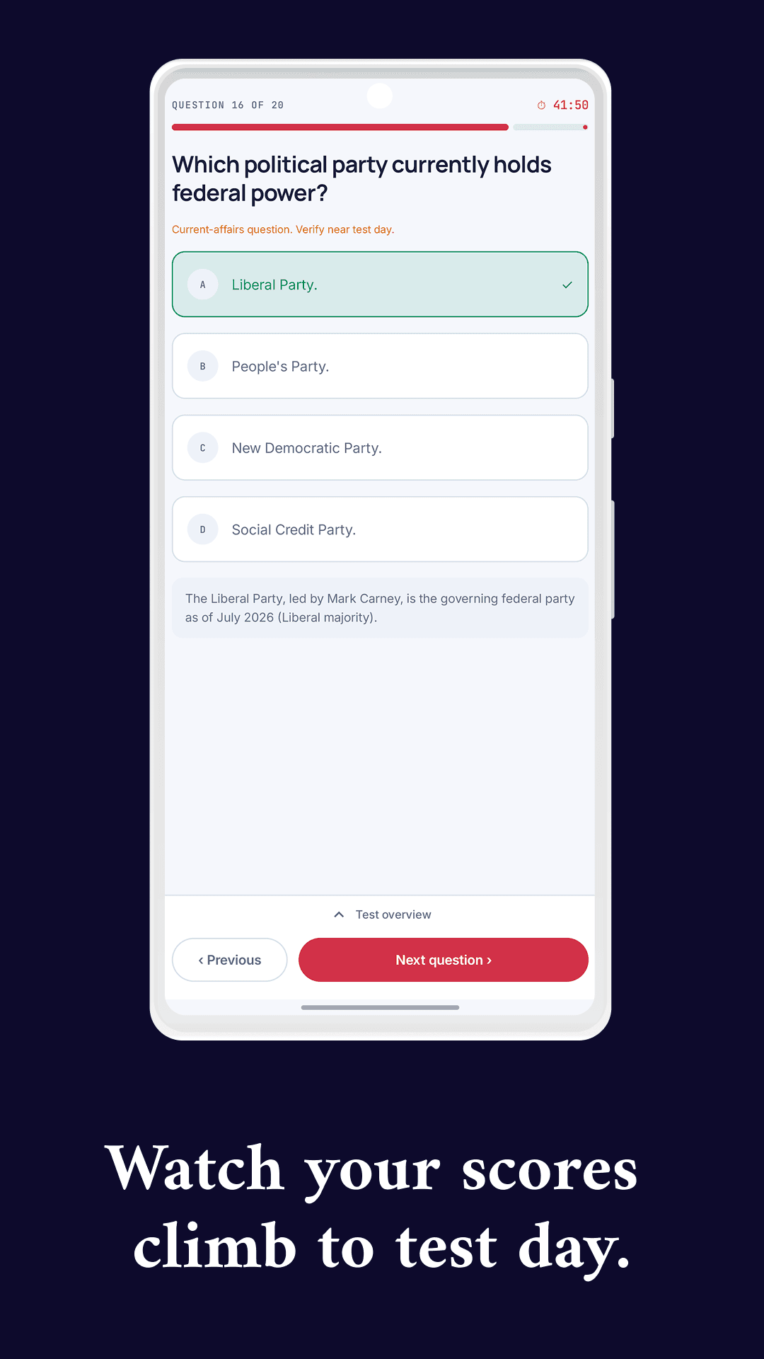 A timed mock citizenship test question in the OathReady Android app